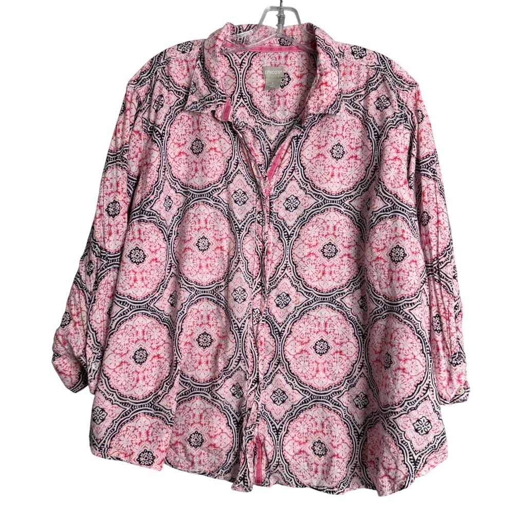 Chico's Button Front Top Womens 20 Pink Multi Printed 3/4‎ Sleeve Medallion Boho